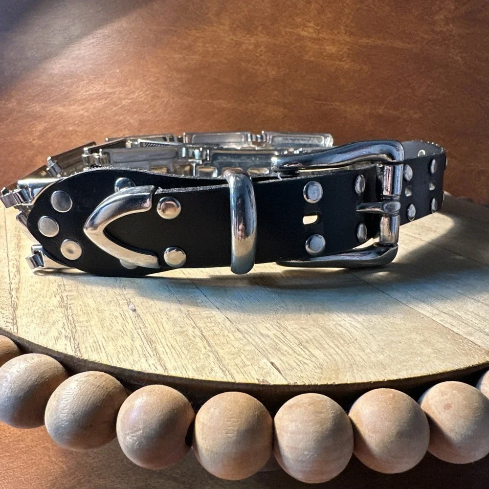 Vintage Stainless Steel & Leather Heavy Metal Leather Punk Goth Belt And Buckle